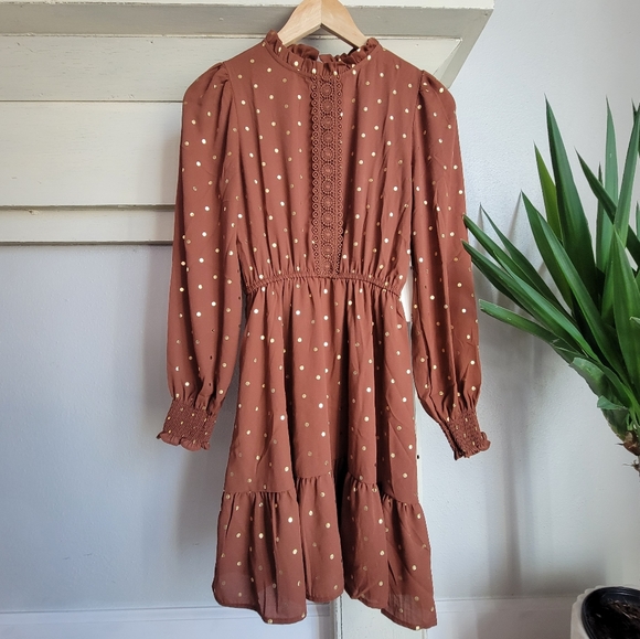 NWT SWEET WANDERER  Brown and Gold Polka Bohemian Dress - Picture 1 of 14